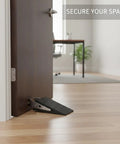 Stainless Steel Door Stopper With Non-Slip Rubber Wedge on hardwood floor, Compact 3.94 x 1.89 x 1.30 Inch Size, Low-Profile, 1 Pack