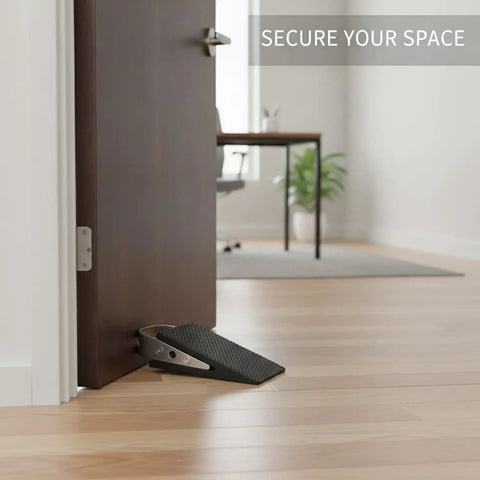 Stainless Steel Door Stopper With Non-Slip Rubber Wedge on hardwood floor, Compact 3.94 x 1.89 x 1.30 Inch Size, Low-Profile, 1 Pack