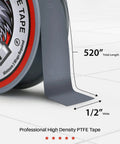 Close-up of gray PTFE Thread Seal Tape showing 1/2 inch width and 520 inch length for plumbers, including five rolls.