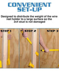 Spool Tools Stud Winder installation steps showing a yellow all-steel wire spool holder mounting on a 2x4 stud