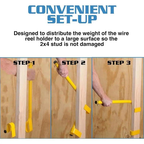 Spool Tools Stud Winder installation steps showing a yellow all-steel wire spool holder mounting on a 2x4 stud