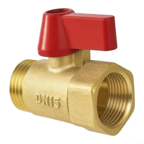 Solid Brass 1/2 Inch Full Port Ball Valve For No Sweat Water Control and Heavy Duty Plumbing or Garden Hose Lines With Rust Proof Build and Smooth Ergonomic Red Handle Operation, detailed view showing the valve and handle.