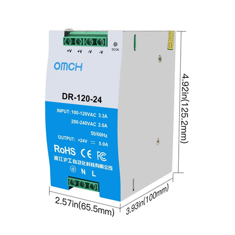 Workhorse 24V 5A DIN Rail Switching Power Supply 120W For PLCs Sensors Relays And Automation Modules with dimensions