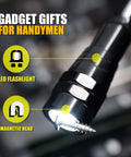 Magnetic pickup tool with LED flashlight, black telescoping shaft and magnetic head (close-up)