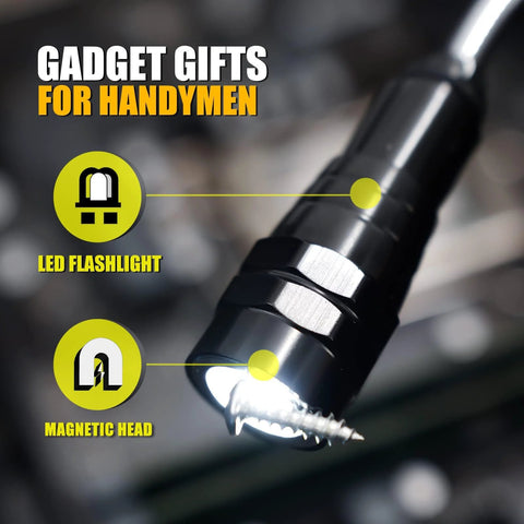 Magnetic pickup tool with LED flashlight, black telescoping shaft and magnetic head (close-up)
