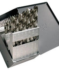 Beefy HSS Drill Bit Set 29 Piece Aircraft Jobber Length Uncoated Bright Finish Round Shank in open metal case