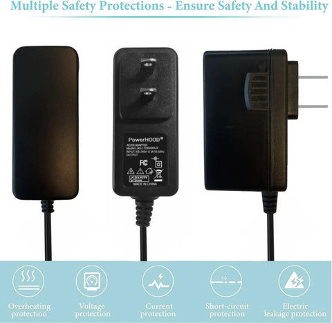 12V AC Power Adapter Replacement For Accsoon CineView SE 4K Wireless Video Transmitter Receiver Dual Band TX RX System With Low Interference Barrel Tip Plug, three angles showing design and safety features.