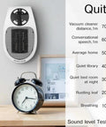 Compact 450W Mini Space Heater With Temperature Detection Remote Control Wall Outlet Plug And Play shown on wall.