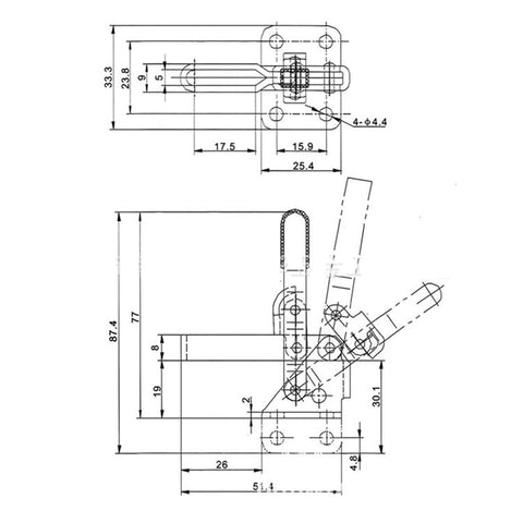 Heavy Duty Quick Release Vertical Toggle Clamp For Shop Jigs And Tooling Fixtures dimension diagram with measurements.