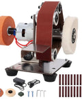 Amzxplore Mini Belt Sander With Seven Speed Adjustments And Knife Sharpener Includes 20 Sanding Belts Compact Bench Grinder Polisher showing motor and sanding belt.