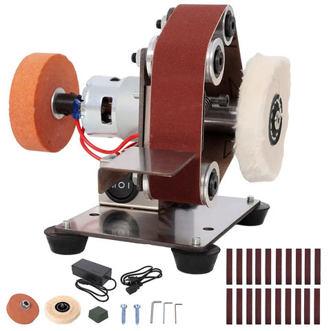 Amzxplore Mini Belt Sander With Seven Speed Adjustments And Knife Sharpener Includes 20 Sanding Belts Compact Bench Grinder Polisher showing motor and sanding belt.