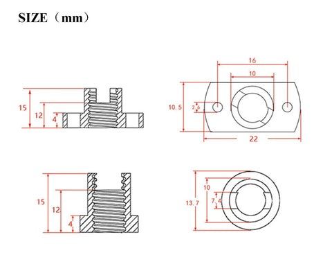 Technical drawing of 4Pcs T8 Anti Backlash Spring Loaded Nuts For Z Axis Upgrade for Ender 3 3S 3 Pro CR 10 Brass Lead Screw Nut Kit