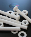 Top Shelf Natural PTFE Hex Head Bolts M10 X 100mm Screw Set with nuts and washers on a black background.