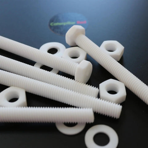 Top Shelf Natural PTFE Hex Head Bolts M10 X 100mm Screw Set with nuts and washers on a black background.