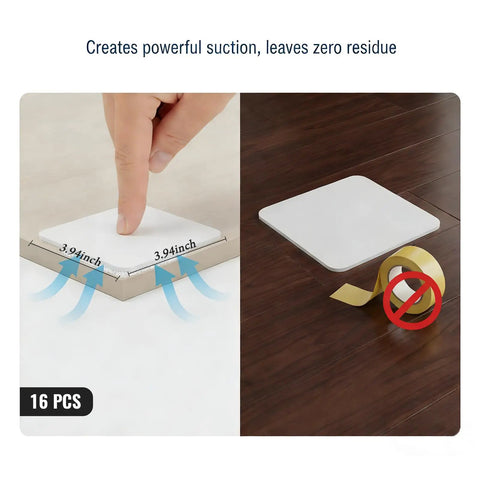 Close-up of 16 Piece Rug Corner Grippers No Slip Rug Pads for Hardwood and Tile, showing adhesive placement and size 3.94 x 3.94 in.