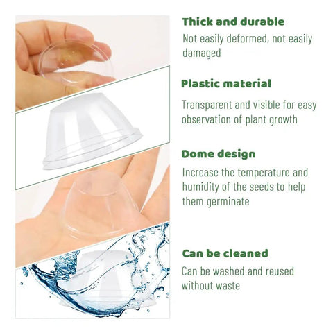 Clear As Day See Through 50 Pack 4cm Inner Diameter Grow Domes, durable PET material, used for humidity control in seed germination.