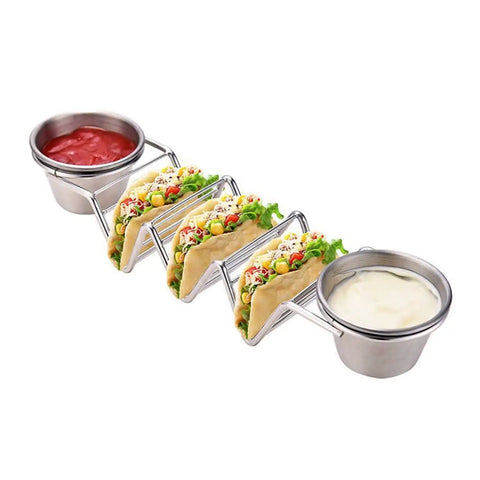 Stainless Steel 3 Grid Taco Holder With V Shaped Slots And No Spill Sauce Cups, Oven Safe And Dishwasher Safe Serving Tray For Baking Grilling