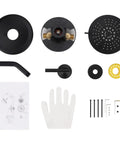 Black Shower Faucet Set With Brass Pressure Balance Valve And 6 Inch Rain Showerhead Wall Mount Trim Kit components laid out