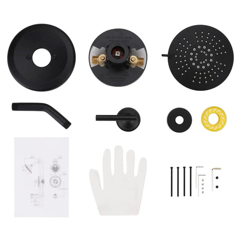 Black Shower Faucet Set With Brass Pressure Balance Valve And 6 Inch Rain Showerhead Wall Mount Trim Kit components laid out