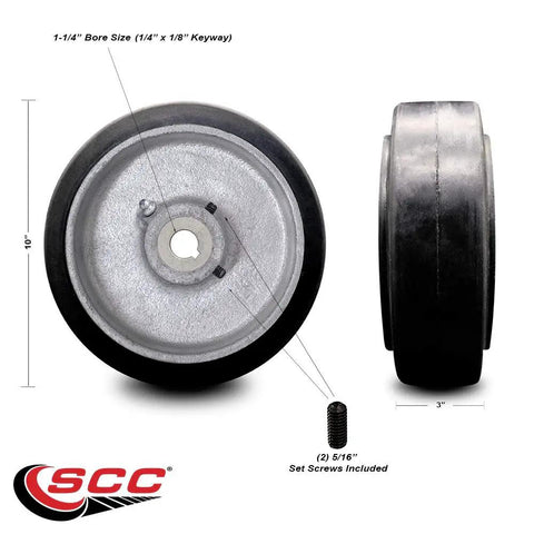 Heavy Duty 10 Inch By 3 Inch Rubber Tread Cast Iron Drive Wheel With 1 1 4 Inch Plain Bore And Two 5 16 Set Screws Built Solid To Roll Smooth On Tough Warehouse Floors Daily