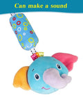 Travel Arch Bassinet Toy Clip On Stroller Toy for Infants and Toddlers with squeaky plush elephant.