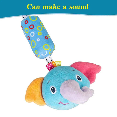 Travel Arch Bassinet Toy Clip On Stroller Toy for Infants and Toddlers with squeaky plush elephant.
