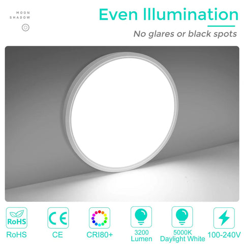 Hella Bright 12 Inch LED Flush Mount Ceiling Light Slim Flat Round Fixture 5000K Daylight White 3200 Lumens on gray wall