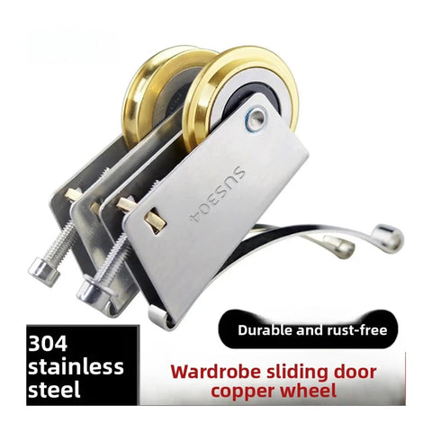 Stainless Steel Double Copper Wheel Bearing Rollers For Sliding Doors Windows And Shower Tracks Ride Like A Dream Tight Fit Zero Drama Setup Heavy Duty Furniture Hardware Replacement Set Of 4, showcasing 304 stainless steel and copper wheels.