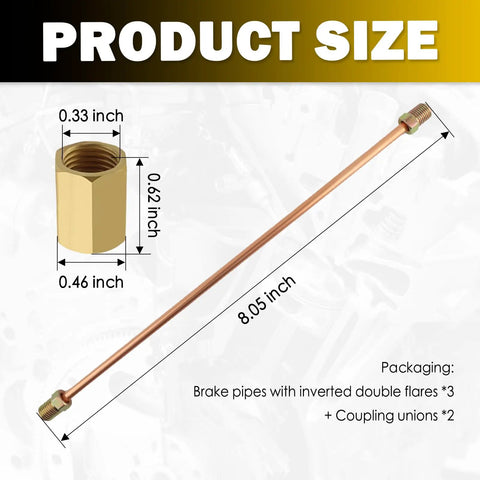 3 By 16 Inch Flexible Rear Brake Line Kit size and dimensions; 8.05" line and connector details shown.