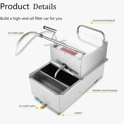 Heavy Duty 550W Mobile Deep Fryer Oil Filter Cart With Stainless Steel Construction showcasing oil outlet pipe and humanized handrail.