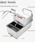 Heavy Duty Mobile Deep Fryer Oil Filter Cart With Smooth Rolling Wheels, stainless steel with oil outlet pipe and casters.
