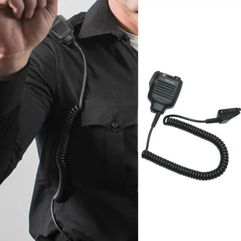 Person using Hands Free Speaker Microphone for Kenwood Radios NX and TK Series, shown clipped on shoulder and detached view.