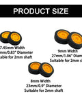30 Piece Rubber Wheel Set With 15 Round Rod Shafts for RC cars, trucks; showing wheel sizes 21mm, 23mm, 27mm for DIY models