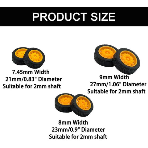 30 Piece Rubber Wheel Set With 15 Round Rod Shafts for RC cars, trucks; showing wheel sizes 21mm, 23mm, 27mm for DIY models