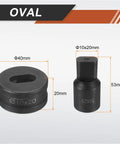 Hydraulic Hole Punch Die Set 10mm By 20mm Oval Hole In 40Cr Steel, two components, black finish, dimensions marked, for CH70 machine kit.