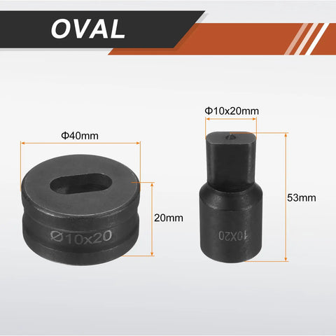 Hydraulic Hole Punch Die Set 10mm By 20mm Oval Hole In 40Cr Steel, two components, black finish, dimensions marked, for CH70 machine kit.