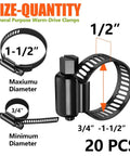 20 Pack Black 304 Stainless Steel Hose Clamps Kit Three Quarters Inch To One And One Half Inch 21 To 38 Mm Adjustable Worm Gear