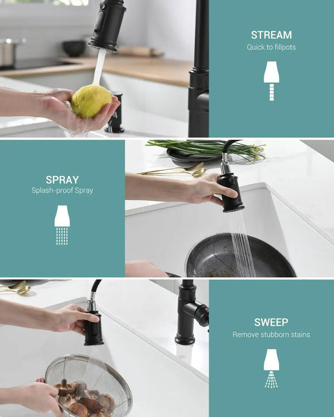 Matte Black Kitchen Faucet With Pull Down Sprayer, Single Handle Stainless Steel High Arc Farmhouse Sink Faucet With Soap Dispenser, showing spray settings.