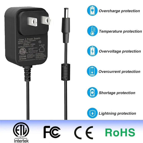 24V 1A Power Adapter Charger For LED Strips, Fish Tanks, Massage Guns And More with protection features displayed
