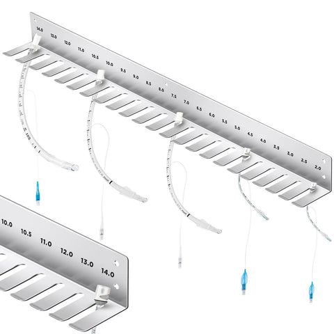 Stainless steel Endotracheal Tube Holder Rack For Veterinary Use with hanging tubes, wall mount organizer, 2 to 14 size slots.