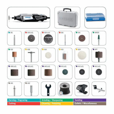 Pro Grade Variable Speed Rotary Tool Kit With 4 Attachments And 34 Accessories, 5,000 To 35,000 RPM, case with bits displayed