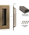 Recessed Pocket Door Pulls 4 Inch Vintage Bronze Stainless Steel Handles Set Flush Finger Pulls with dimensions and screws.