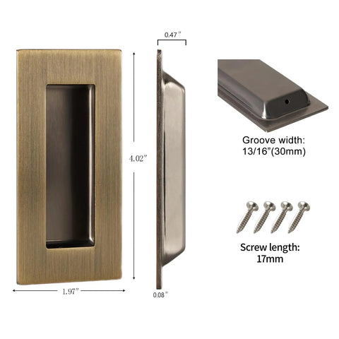 Recessed Pocket Door Pulls 4 Inch Vintage Bronze Stainless Steel Handles Set Flush Finger Pulls with dimensions and screws.