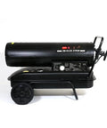 Portable High Output 37KW Industrial Diesel Air Fan Heater With Smart Remote Control on wheeled base, showcasing side view and control panel.