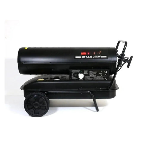 Portable High Output 37KW Industrial Diesel Air Fan Heater With Smart Remote Control on wheeled base, showcasing side view and control panel.