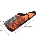 Mesh Diving Gear Bag With Reels Pocket And Surface Marker Buoy, Clip-On Snorkeling Gear Carrier, size chart visible on pouch