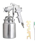 Heavy Duty Siphon Feed Spray Gun With 1.8Mm Nozzle For Straight Up Flawless Oil Based Or Latex Paint Jobs Featuring Fine Tune Controls And Quick Wipe Clean Cup with metal cup, nozzle, and cleaning tools.