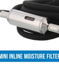 Close-up of inline moisture filter with braided hose for Quiet One Eighth Horsepower Airbrush Compressor With Small Tank Regulator