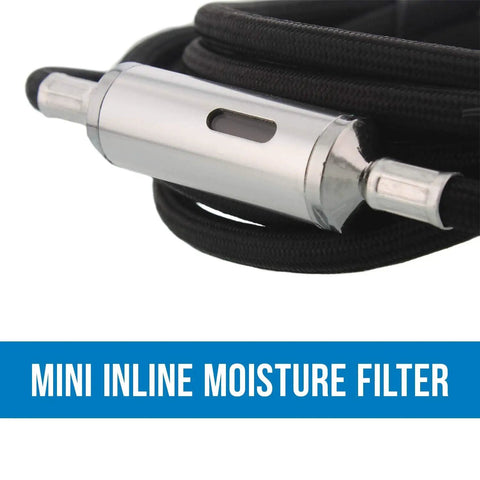 Close-up of inline moisture filter with braided hose for Quiet One Eighth Horsepower Airbrush Compressor With Small Tank Regulator