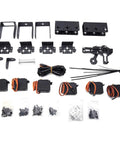 Build Your Own 6 Degree Freedom Mechanical Robot Arm Kit With Servo Motors Claw Gripper parts layout including servo motors and metal brackets.